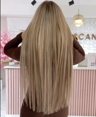 Sehr langes glattes blondes Haar von hinten